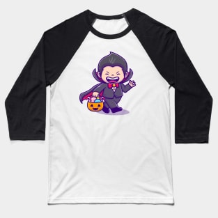 Cute Dracula Holding Pumpkin Basket With Candy Cartoon Baseball T-Shirt